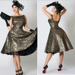 Tatyana Bettie Page gold embroidered roses retro pinup dress